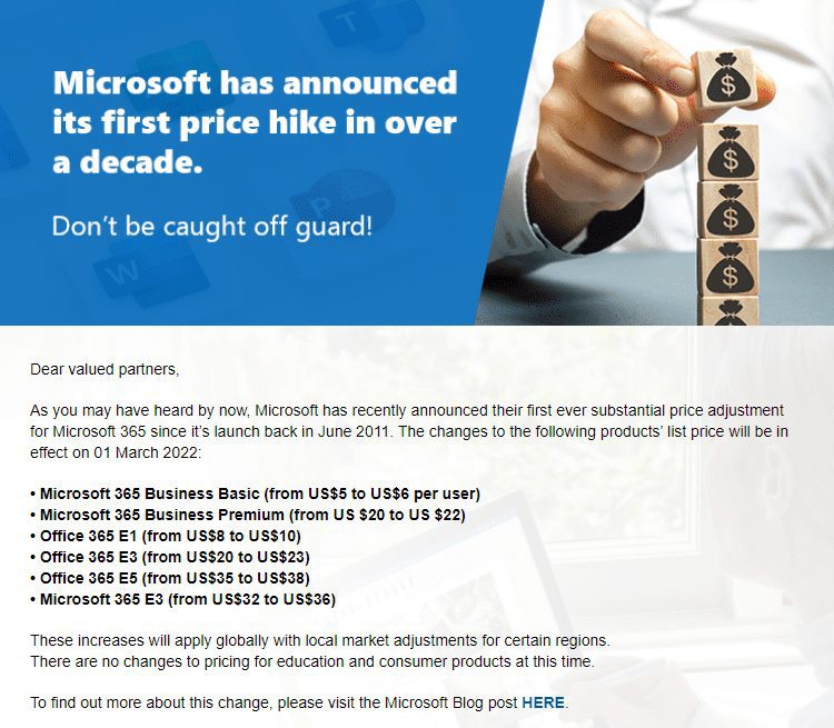 Microsoft Price Hike 1st March 2022 IT Support Outsourced Services