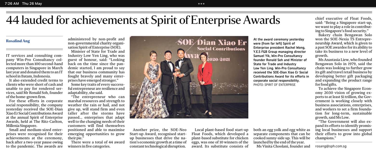 soe honouree featured in the straits times on 25 may 2022