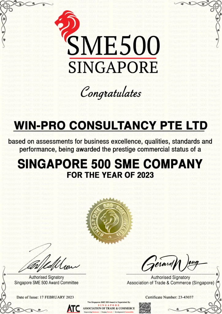 singapore sme500 award 2023 winner certificate_win-pro consultancy pte ltd