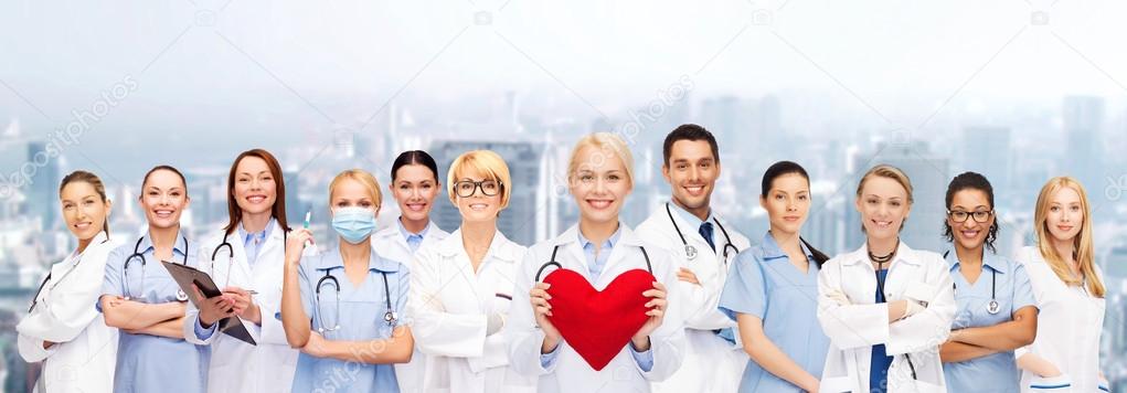 it support, healthcare, smiling doctors and nurses with red heart