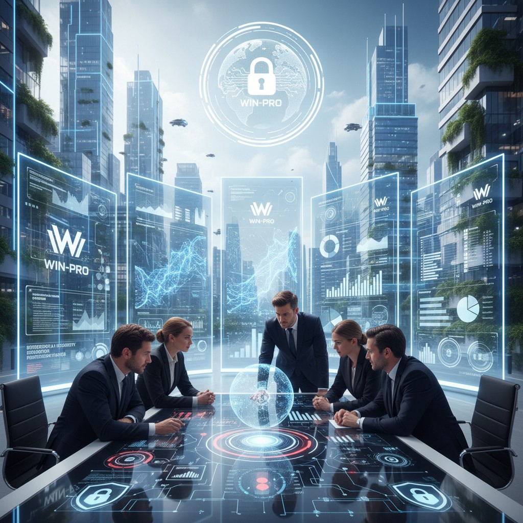 A-futuristic-office-environment-showcasing-an-enterprise-AI-consulting-security-framework-by A futuristic office environment showcasing an "enterprise AI consulting security framework" by Win-Pro. In the foreground, a diverse group of professionals in business attire collaborates over a digital interface displaying complex data and cybersecurity elements. The middle ground features sleek, transparent screens with AI algorithms and vibrant infographics illustrating security protocols and risk assessments. The background reveals a digitally-enhanced city skyline, symbolizing a connected future. The lighting is bright yet soft, creating a sense of optimism, with a hint of blue tones to evoke technology. The overall atmosphere is focused, innovative, and serious, highlighting the critical nature of security in AI projects.
