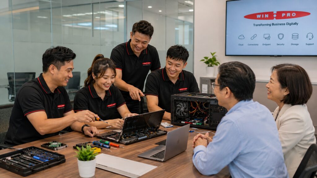 computer technician repairing PC and laptop at customer office 