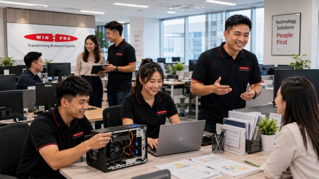 computer technician repairing PC and laptop at customer office 