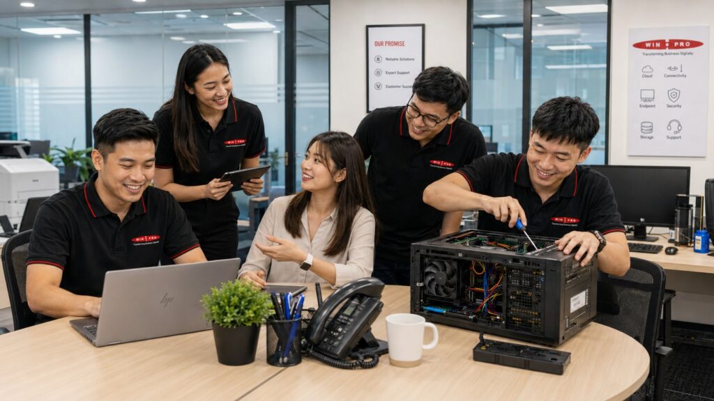 computer technician repairing PC and laptop at customer office
