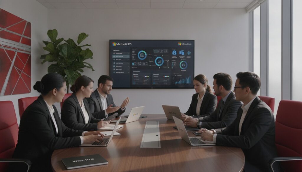 A modern office environment showcasing a professional business setting. In the foreground, a team of diverse individuals in smart business attire is engaged in a collaborative session around a sleek conference table. They are discussing Microsoft 365 deployments using tablets and laptops with the Win-Pro logo subtly displayed. In the middle, a large screen displaying a colorful dashboard of various Microsoft 365 tools and customization options creates a focal point. The background features elegant office decor with subtle technology elements, including abstract art and a plant. Soft, natural lighting streaming through large windows enhances the atmosphere, conveying a sense of innovation and productivity, while maintaining a professional feel. The overall color scheme is corporate with red, white, and subtle tech accents. Team reviewing a Microsoft 365 deployment dashboard in a Singapore office
