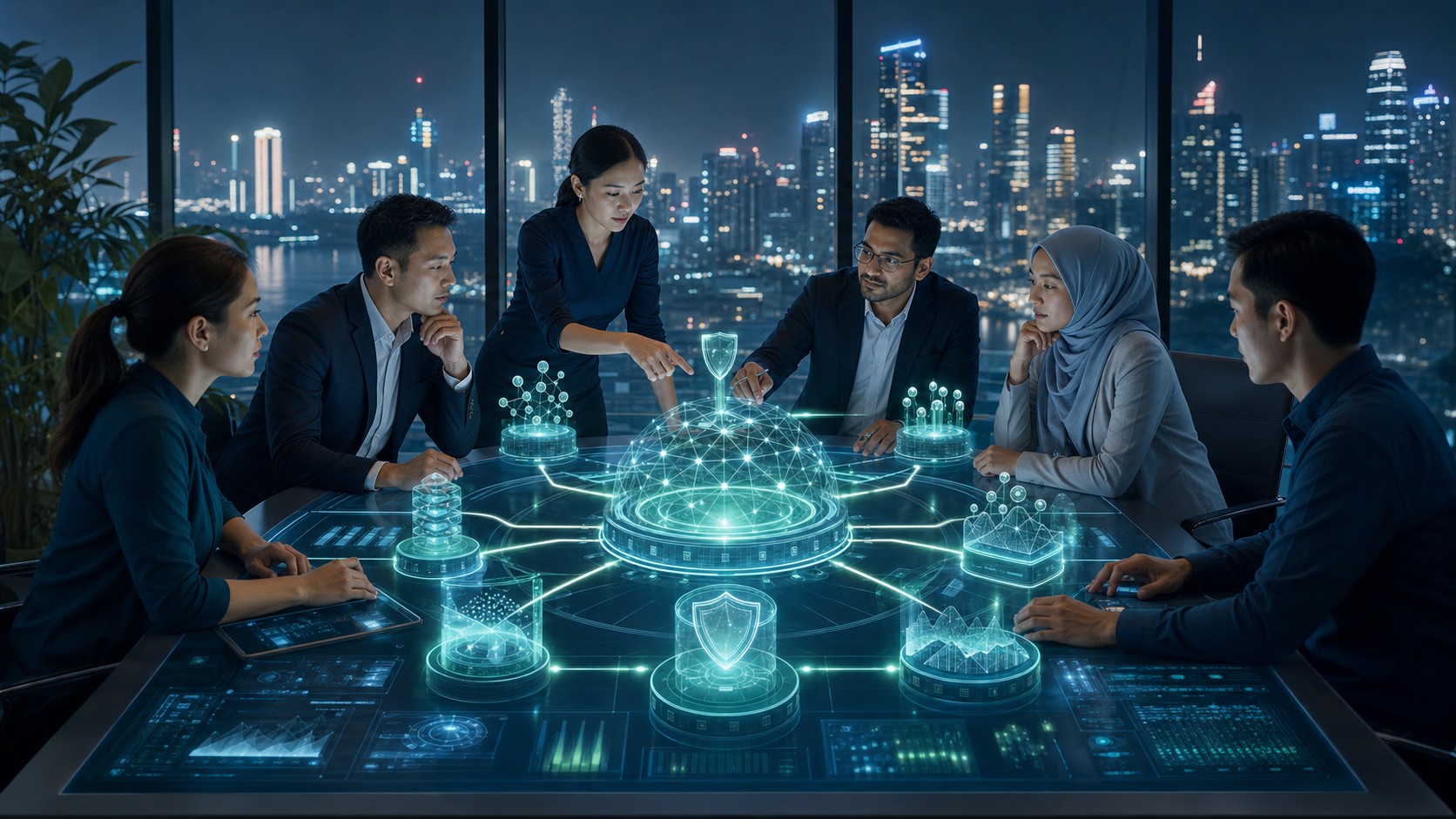 Business team collaborating around a managed AI platform representing ChatGPT and Codex