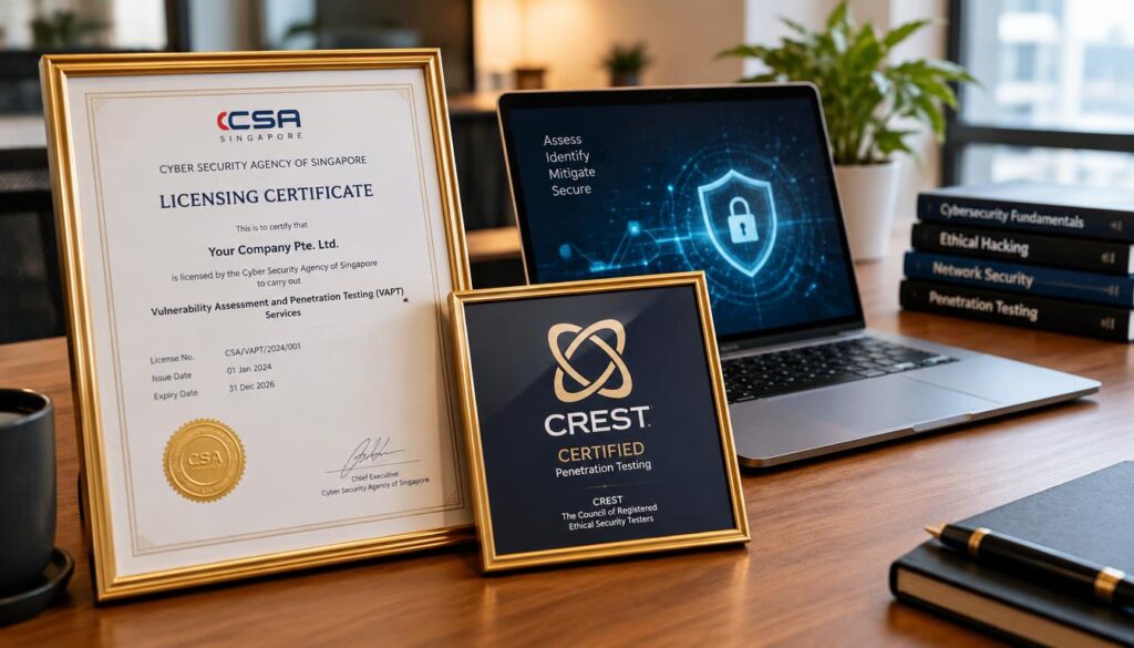 A close-up of a professional desk showcasing VAPT provider credentials, prominently displaying a CSA licensing certificate from Singapore and a CREST certification badge. In the foreground, focus on the certificates, both framed elegantly with gold accents, symbolizing prestige and trust. In the middle, include a sleek, modern laptop partially opened, with a digital security-related graphic visible on the screen. In the background, softly out of focus, lightly lit office workspace elements like a potted plant and a stack of cybersecurity books create a warm, professional atmosphere. The lighting should be bright yet soft, emphasizing the credentials, while a shallow depth of field draws attention to the key documents. The overall mood conveys professionalism and reliability, ideal for illustrating a vital aspect of selecting a reputable VAPT company. A close-up of a professional desk showcasing VAPT provider credentials, prominently displaying a CSA licensing certificate from Singapore and a CREST certification badge. In the foreground, focus on the certificates, both framed elegantly with gold accents, symbolizing prestige and trust. In the middle, include a sleek, modern laptop partially opened, with a digital security-related graphic visible on the screen. In the background, softly out of focus, lightly lit office workspace elements like a potted plant and a stack of cybersecurity books create a warm, professional atmosphere. The lighting should be bright yet soft, emphasizing the credentials, while a shallow depth of field draws attention to the key documents. The overall mood conveys professionalism and reliability, ideal for illustrating a vital aspect of selecting a reputable VAPT company.