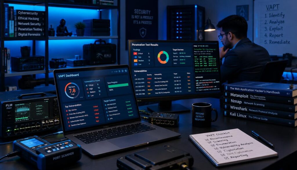 A dimly lit, modern cybersecurity lab scene featuring a sleek desk covered with various network security testing tools and equipment commonly used in Vulnerability Assessment and Penetration Testing (VAPT). In the foreground, a high-tech laptop with a digitally rendered dashboard displaying security metrics, flanked by a set of professional-grade hardware tools like a network analyzer and port scanner. In the middle ground, a monitor shows the results of a penetration test in vibrant colors, while a cybersecurity professional in business attire analyzes the data, using a focused expression. The background is adorned with shelves of cybersecurity literature and equipment, bathed in soft blue ambient lighting, creating a serious and professional atmosphere reflecting the importance of VAPT assessments. A dimly lit, modern cybersecurity lab scene featuring a sleek desk covered with various network security testing tools and equipment commonly used in Vulnerability Assessment and Penetration Testing (VAPT). In the foreground, a high-tech laptop with a digitally rendered dashboard displaying security metrics, flanked by a set of professional-grade hardware tools like a network analyzer and port scanner. In the middle ground, a monitor shows the results of a penetration test in vibrant colors, while a cybersecurity professional in business attire analyzes the data, using a focused expression. The background is adorned with shelves of cybersecurity literature and equipment, bathed in soft blue ambient lighting, creating a serious and professional atmosphere reflecting the importance of VAPT assessments.