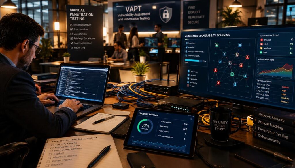 A dynamic workspace illustrating the VAPT (Vulnerability Assessment and Penetration Testing) methodology, featuring a split scene: on the left, a cybersecurity professional in smart business attire diligently conducting manual penetration testing on a laptop, with visible lines of code on the screen; on the right, an automated vulnerability scanning tool analyzing a network diagram on a large monitor, with colorful graphs and alerts. The foreground includes a desktop cluttered with technical gadgets like network cables and a digital tablet displaying security metrics. Warm, focused lighting highlights the intense atmosphere of a tech-driven environment, with a slight blur in the background showing a modern office setting filled with cybersecurity posters and team collaboration. The angle is slightly elevated, capturing both testing processes in action. A dynamic workspace illustrating the VAPT (Vulnerability Assessment and Penetration Testing) methodology, featuring a split scene: on the left, a cybersecurity professional in smart business attire diligently conducting manual penetration testing on a laptop, with visible lines of code on the screen; on the right, an automated vulnerability scanning tool analyzing a network diagram on a large monitor, with colorful graphs and alerts. The foreground includes a desktop cluttered with technical gadgets like network cables and a digital tablet displaying security metrics. Warm, focused lighting highlights the intense atmosphere of a tech-driven environment, with a slight blur in the background showing a modern office setting filled with cybersecurity posters and team collaboration. The angle is slightly elevated, capturing both testing processes in action.