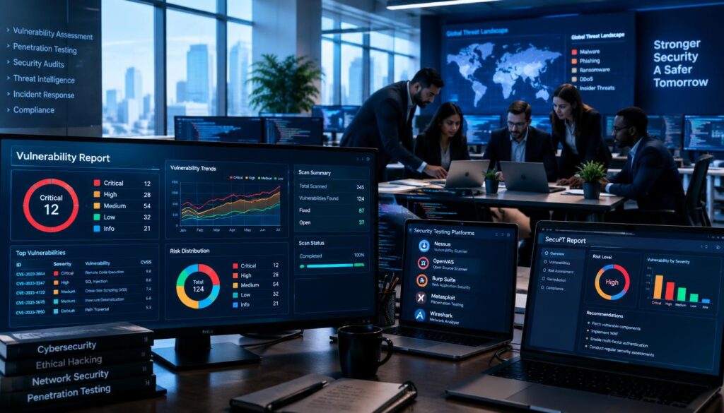 A modern cybersecurity office environment showcasing various security testing platforms and vulnerability scanning solutions for VAPT reporting. In the foreground, there are sleek computer monitors displaying detailed vulnerability reports and graphical data, with colorful charts and code running in the background. The middle ground features a diverse group of professionals in business attire—both men and women—collaborating over a table filled with laptops and security tools. In the background, large windows allow natural light to flood the room, illuminating the high-tech ambiance with a subtle bluish tint. The overall mood is focused and professional, emphasizing the importance of cybersecurity in today's world, with shadows creating depth and contrast. A modern cybersecurity office environment showcasing various security testing platforms and vulnerability scanning solutions for VAPT reporting. In the foreground, there are sleek computer monitors displaying detailed vulnerability reports and graphical data, with colorful charts and code running in the background. The middle ground features a diverse group of professionals in business attire—both men and women—collaborating over a table filled with laptops and security tools. In the background, large windows allow natural light to flood the room, illuminating the high-tech ambiance with a subtle bluish tint. The overall mood is focused and professional, emphasizing the importance of cybersecurity in today's world, with shadows creating depth and contrast.