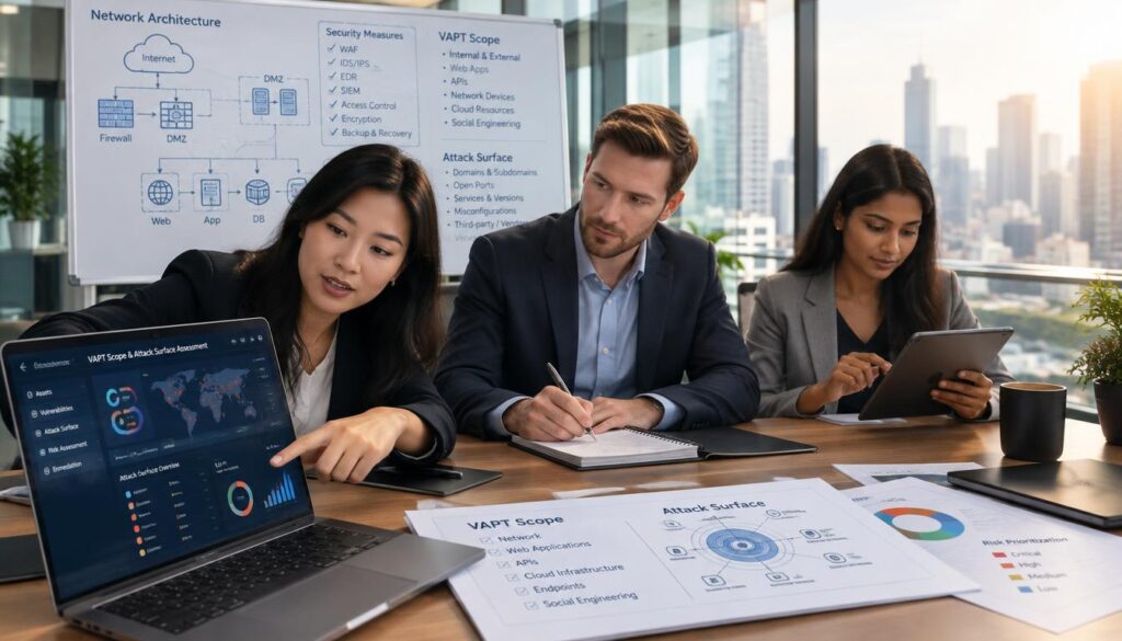 A modern office environment featuring a diverse group of three professionals engaged in a VAPT scope and attack surface assessment planning session. In the foreground, a confident Asian woman in a business suit pointing at a laptop screen displaying cybersecurity data. In the middle, a Caucasian man taking notes on a notepad, while an Indian woman types on a tablet, all surrounded by charts and diagrams on a whiteboard depicting network architecture and security measures. The background shows a glass wall with an urban skyline, bathed in warm morning light filtering through. The atmosphere is focused and collaborative, underscoring professionalism and teamwork in cybersecurity planning, with a slightly blurred depth of field for emphasis. A modern office environment featuring a diverse group of three professionals engaged in a VAPT scope and attack surface assessment planning session. In the foreground, a confident Asian woman in a business suit pointing at a laptop screen displaying cybersecurity data. In the middle, a Caucasian man taking notes on a notepad, while an Indian woman types on a tablet, all surrounded by charts and diagrams on a whiteboard depicting network architecture and security measures. The background shows a glass wall with an urban skyline, bathed in warm morning light filtering through. The atmosphere is focused and collaborative, underscoring professionalism and teamwork in cybersecurity planning, with a slightly blurred depth of field for emphasis.
