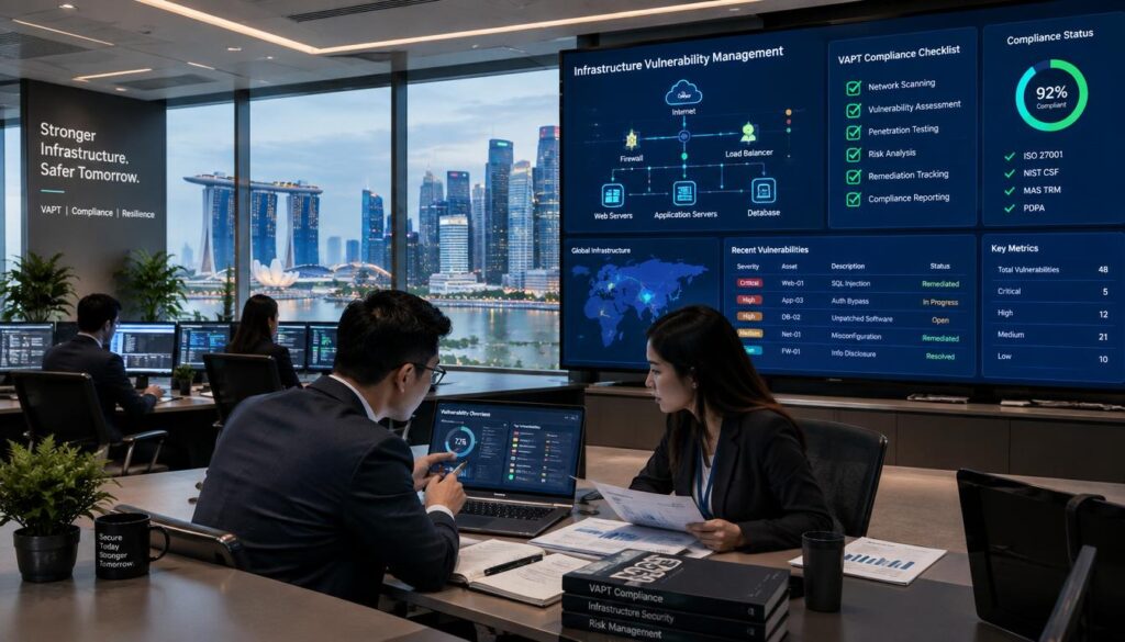A modern office environment in Singapore focused on infrastructure vulnerability management for VAPT compliance. In the foreground, a professional man and woman in business attire analyze laptops and documents, showcasing graphs and cybersecurity data. The middle ground features large screens displaying network diagrams and compliance checklists. Architecture reflects Singapore’s skyline, with tall buildings visible through glass walls, hinting at a dynamic cityscape. Soft, ambient lighting highlights the serious atmosphere while maintaining a sense of professionalism. A wide-angle view captures the collaborative effort, emphasizing teamwork in securing infrastructure. Overall, the image exudes a mood of diligence and focus on actionable outcomes in cybersecurity compliance. A modern office environment in Singapore focused on infrastructure vulnerability management for VAPT compliance. In the foreground, a professional man and woman in business attire analyze laptops and documents, showcasing graphs and cybersecurity data. The middle ground features large screens displaying network diagrams and compliance checklists. Architecture reflects Singapore’s skyline, with tall buildings visible through glass walls, hinting at a dynamic cityscape. Soft, ambient lighting highlights the serious atmosphere while maintaining a sense of professionalism. A wide-angle view captures the collaborative effort, emphasizing teamwork in securing infrastructure. Overall, the image exudes a mood of diligence and focus on actionable outcomes in cybersecurity compliance.
